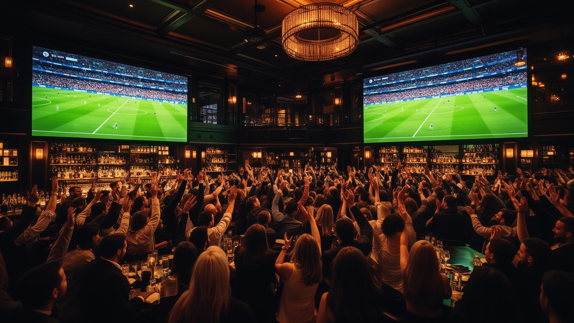 Fans cheering while watching a soccer match on giant screens in a packed upscale sports bar