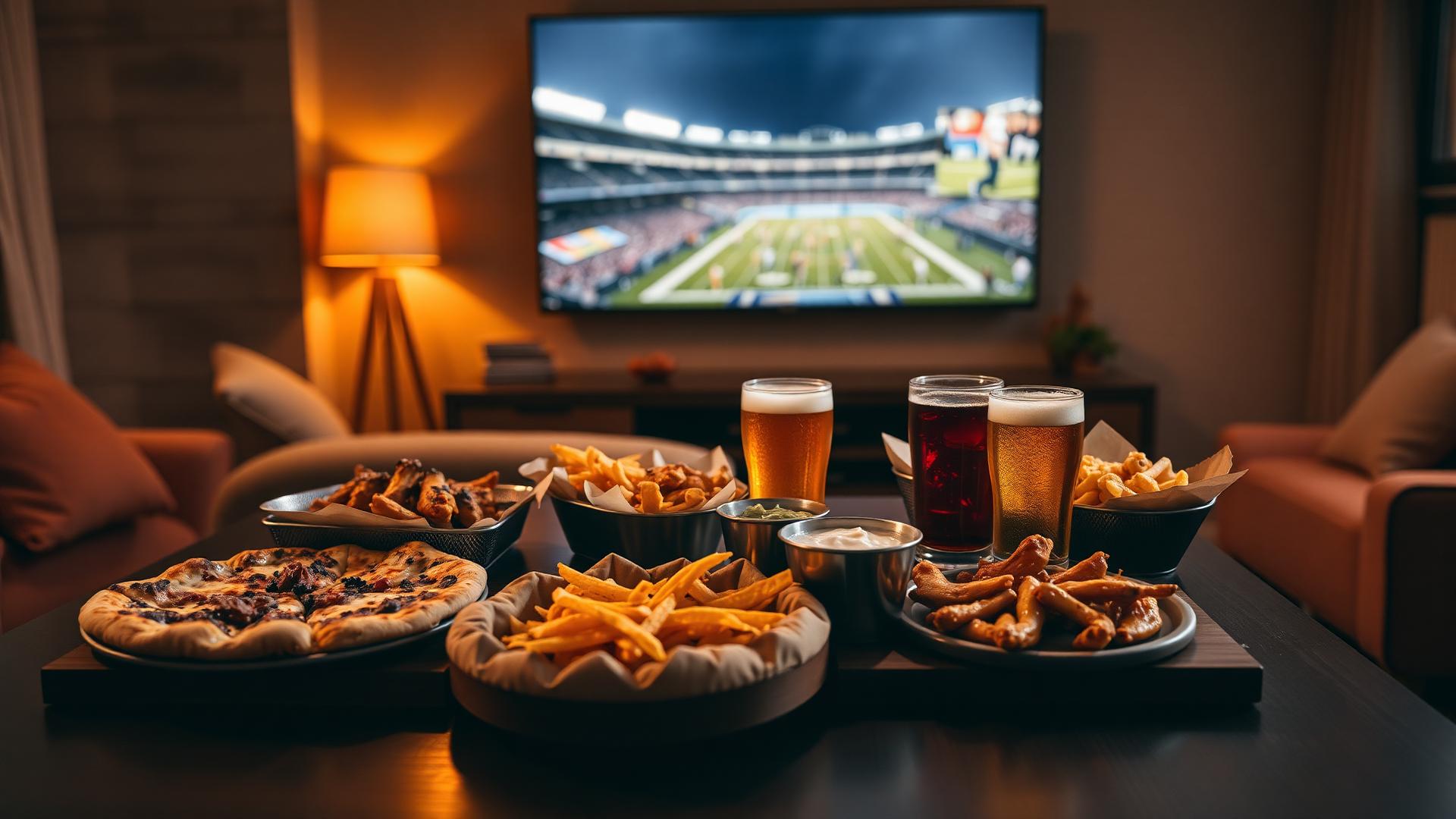 Pizza, wings, and drinks spread out for a watch party at home in front of the big game